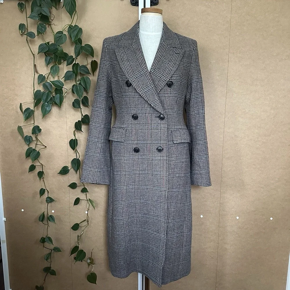UNIQLO Ines de la Fressange IDLF Double Breasted Plaid Tweed Coat M Wool New - Picture 1 of 14